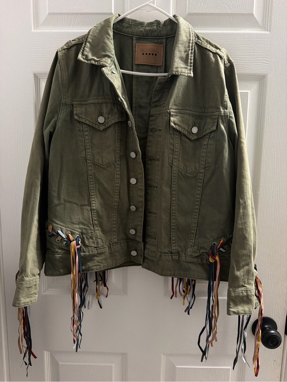 Blank NYC Olive Green Jean Jacket with Multicolor Tassels